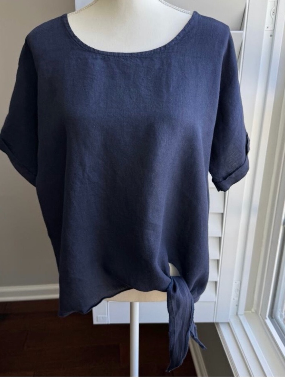 CHERISHH Top Womens Large Navy 100% Linen Front Tie Coastal Beachy Resort Wear - Picture 2 of 7